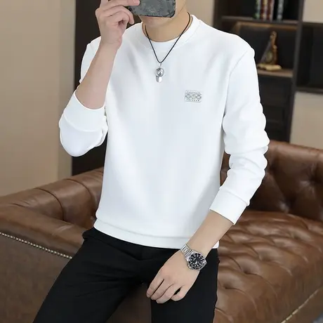 2024春季新款圆领卫衣男士潮流时尚休闲百搭纯色加绒加厚打底衫潮图片