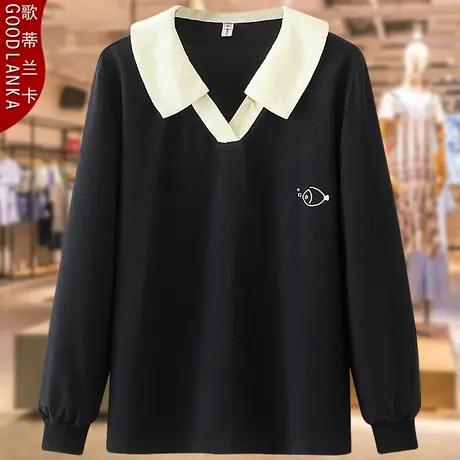 中年妈妈春秋薄款卫衣女200斤大码宽松时尚撞色POLO领长袖T恤上衣商品大图