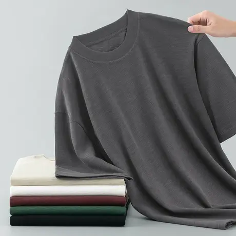 350g重磅纯棉t恤男短袖夏季竹节棉美式潮流宽松纯色半袖圆领体恤商品大图