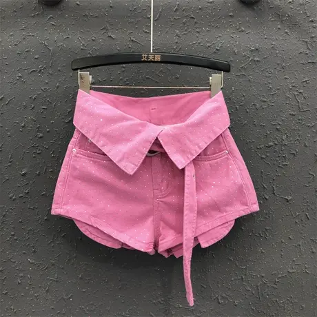 韩版阔腿裤女2024春夏新款粉色重工烫钻气质高腰显瘦百搭牛仔短裤图片