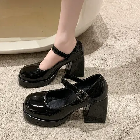 气质高跟鞋女黑色2024春季新款粗跟一字扣带浅口法式玛丽珍女鞋子图片
