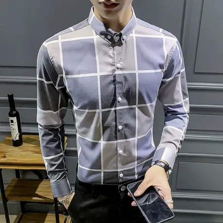 格子衬衫男士长袖秋季英伦商务休闲寸衫新款潮流痞帅气男装衬衣服商品大图