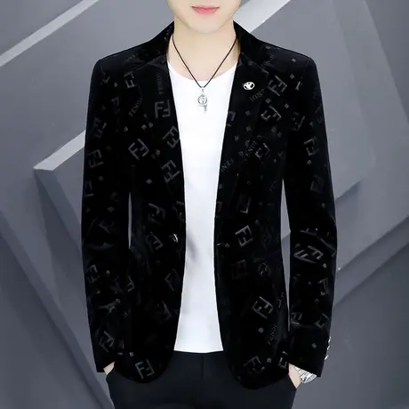 男士高级感西服春秋季潮流韩版金丝绒气质外套上衣印花痞帅小西装商品大图