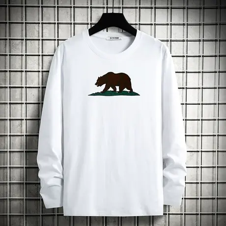 纯棉小熊t恤男士长袖白色上衣服秋季潮牌潮流全棉打底衫内搭秋衣商品大图