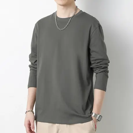 纯棉t恤男士长袖宽松纯色灰色上衣服秋季潮流内搭打底衫全棉体恤商品大图