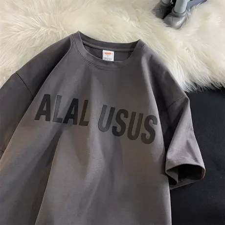 ins夏季纯棉宽松短袖T恤男2023潮流圆领字母印花内搭打底衫上衣服商品大图