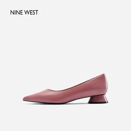 Nine West/玖熙圆鼓跟尖头单鞋女低跟2023年秋季新款真皮浅口通勤商品大图