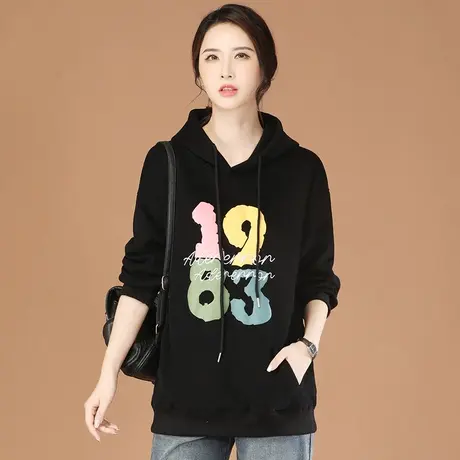韩潮袭人美式印花中长款黑色连帽卫衣女2023秋新款装套头复古外套商品大图