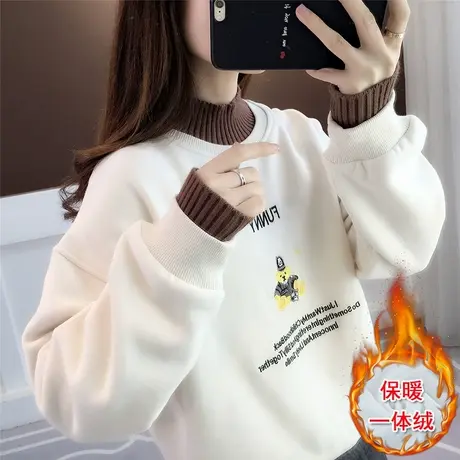 一体加绒卫衣女2023年新款女士秋冬加厚半高领假两件上衣小众慵懒图片