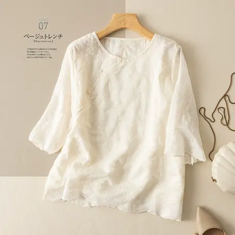 享永子七分袖重工刺绣天丝苎麻上衣文艺复古棉麻T恤小衫2023新款图片