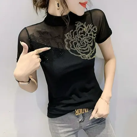 女装2023新款潮时尚烫钻短袖T恤女夏洋气网纱上衣半高领打底衫女商品大图