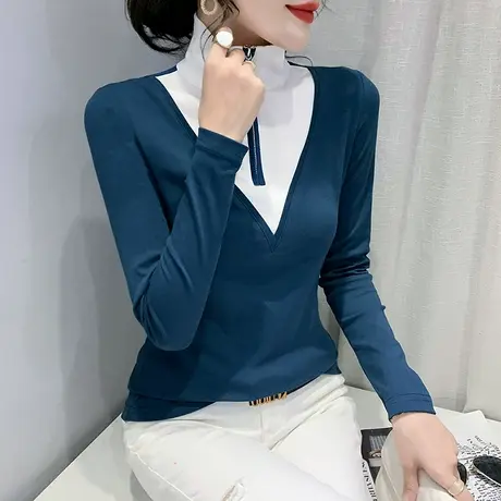 洋气拉链高领T恤女长袖新款设计感撞色上衣内搭修身打底衫春秋潮商品大图