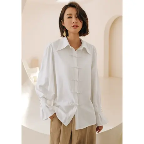 弥古白色国风衬衫女高级感2023新款秋季法式泡泡袖衬衣小众设计感图片