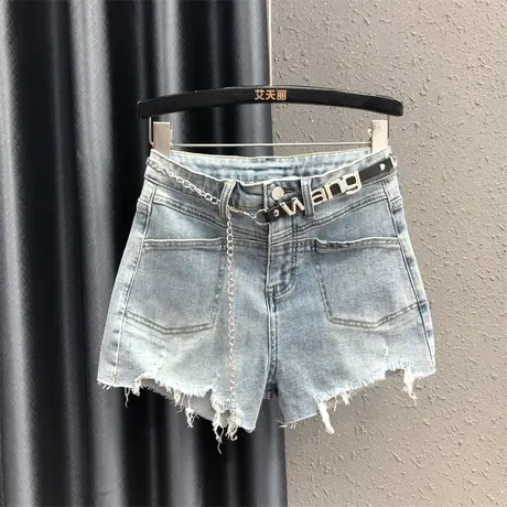 牛仔短裤女夏季2023年新款高腰小个子毛边休闲阔腿裤时尚腰带热裤商品大图