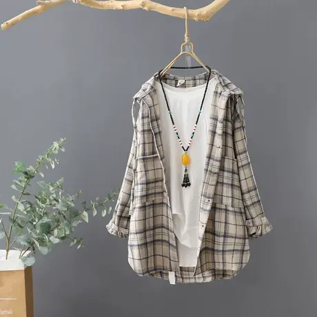 2023秋季新款韩范连帽格子衬衫女长袖宽松磨毛加厚外套衬衣上衣潮图片