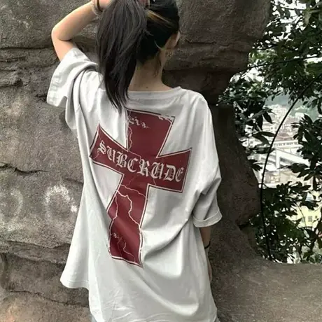 原宿风短袖t恤女2022宽松韩版纯棉设计感小众chic港味上衣服ins潮商品大图