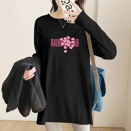 黑色打底衫中长款宽松内搭2022年秋冬新款磨毛加厚大码T恤女长袖图片