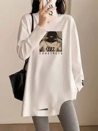 双面德绒半高领白色内搭秋冬印花洋气长袖t恤中长款叠穿打底衫女图片