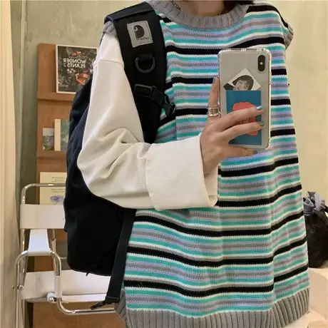 2020秋冬装新款韩版港风条纹百搭宽松无袖背心马甲毛衣针织衫外套图片