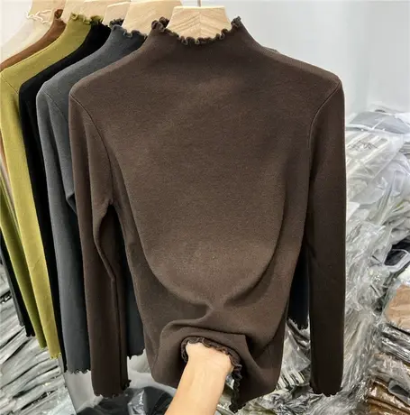 欧货咖色木耳边针织小衫女长袖2022秋季爆款软糯德绒磨毛打底上衣图片