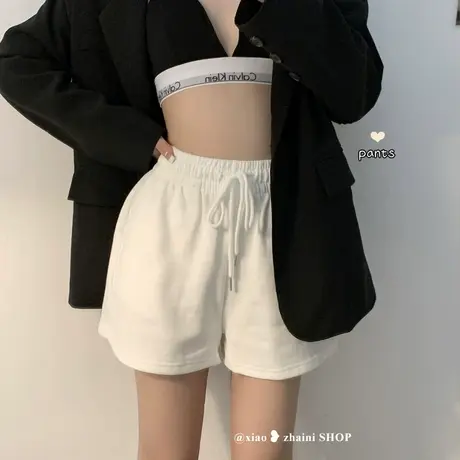 白色运动短裤女夏季2023新款高腰宽松a字休闲裤薄款仿棉黑色裤子商品大图