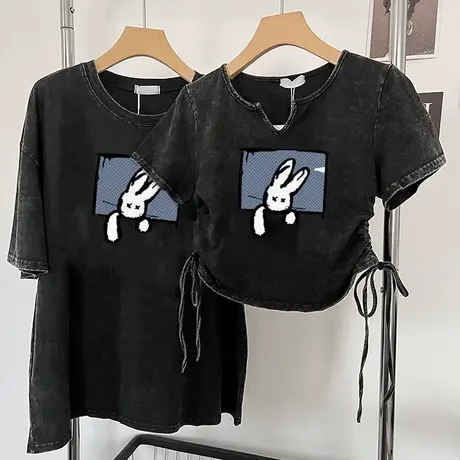 美式复古水洗做旧纯棉抽绳短袖T恤女短款半袖情侣装夏装上衣潮ins商品大图