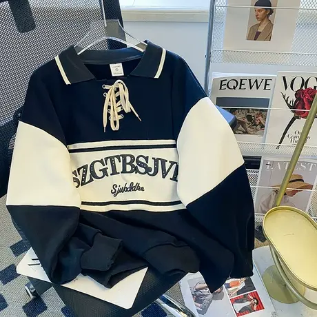 设计感polo衫卫衣女2023新款秋冬季加绒加厚ins潮牌宽松大码上衣图片