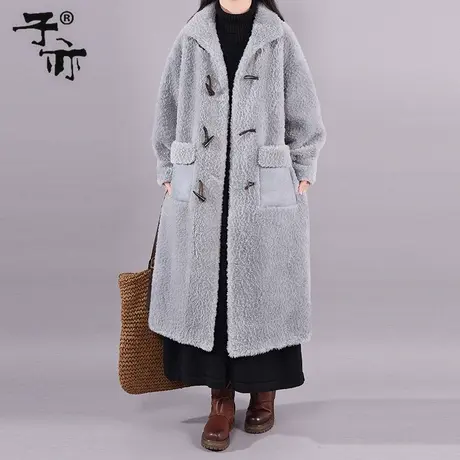 子亦冬季新款文艺牛角扣气质纯色休闲简约皮毛一体羊羔毛外套商品大图