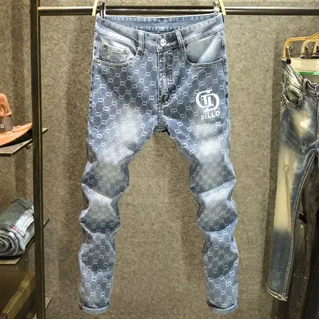 2023夏季新款牛仔裤男士欧美印花修身韩版长裤高街帅气青年小脚裤商品大图