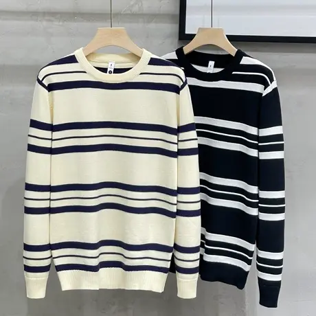 2023秋装新款条纹针织毛衣男宽松休闲百搭男士长袖厚款秋冬打底衫商品大图