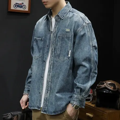 2023新款牛仔外套男士秋季休闲春秋衬衣上衣长袖衬衫男破洞复古潮图片