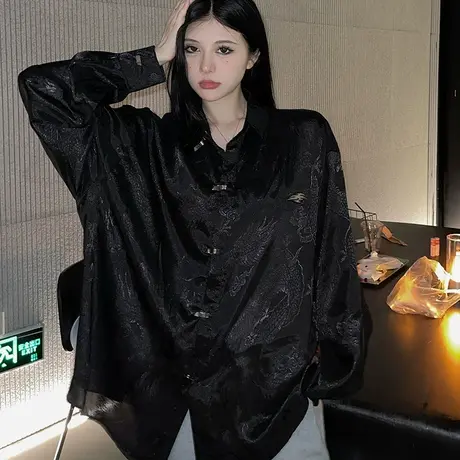 新中式唐装男女中国风冰丝衬衫长袖暗黑系小众盘扣oversized衬衣商品大图