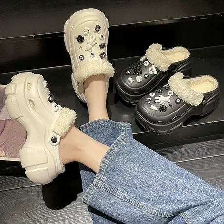 卡通加绒洞洞鞋女2023年冬季新款可爱厚底居家室内防滑包头棉拖鞋商品大图