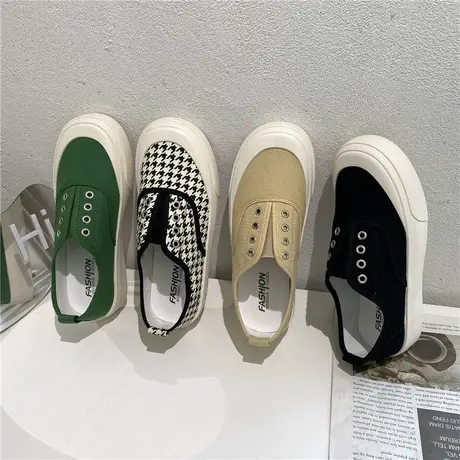 千鸟格帆布鞋女夏低帮2023新款百搭厚底一脚蹬懒人休闲板鞋ins潮商品大图
