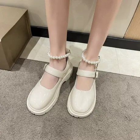法式玛丽珍鞋女增高新款春季珍珠蝴蝶结白色配裙子单鞋jk小皮鞋商品大图
