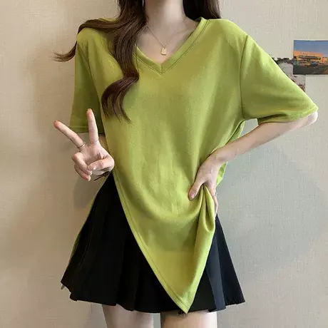 洋气开叉短袖T恤女装夏季新款大码胖mm遮肚藏肉正肩V领上衣200斤商品大图