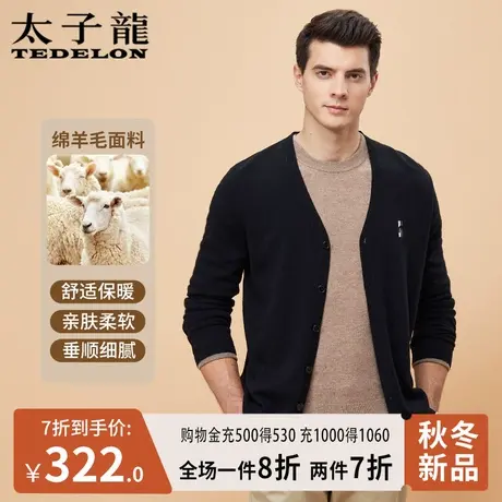商场同款太子龙春秋新款针织开衫男士含羊毛休闲纯色V领毛衣外套图片