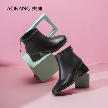 【门店发货】奥康女鞋 2022冬季新款舒适真皮时装短靴粗高跟增高商品大图