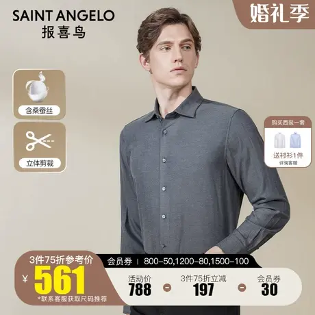 报喜鸟2022秋季新款男士商务休闲桑蚕丝长袖衬衫质感亲肤抗皱衬衣商品大图