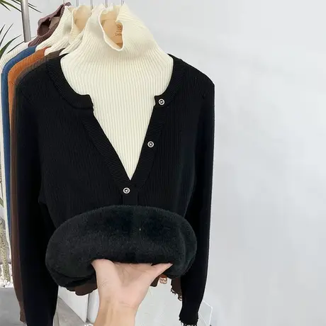 假两件高领毛衣女2023早春新款加绒加厚套头巨保暖内搭外穿打底衫商品大图