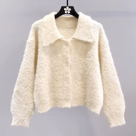 小香风polo领短款毛衣外套女秋冬2023新款宽松小个子时尚针织开衫商品大图