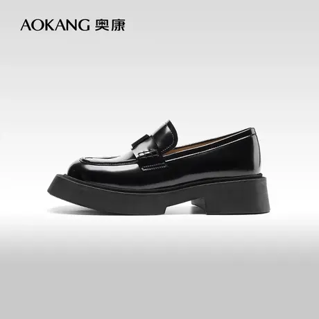 【门店发货】奥康女鞋 春秋季新款粗跟英伦风百搭乐福鞋小皮鞋图片