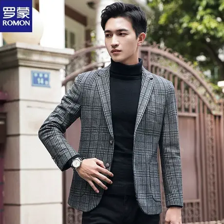 罗蒙春秋男士新款单件西服外套小西装休闲格子青年上衣修身便西潮图片