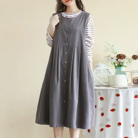 胖妹妹复古灯芯绒宽松背心裙 加大码2023春新款束腰显瘦背心长裙商品大图