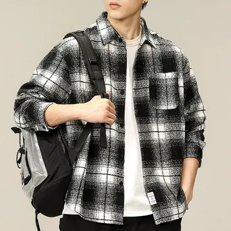 男士黑白格子衬衫男高级感痞帅2023新款秋季长袖衬衣美式开衫上衣商品大图