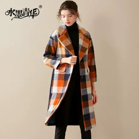 水墨青华秋装新款时尚百搭保暖中长格子印花毛呢大衣外套女图片