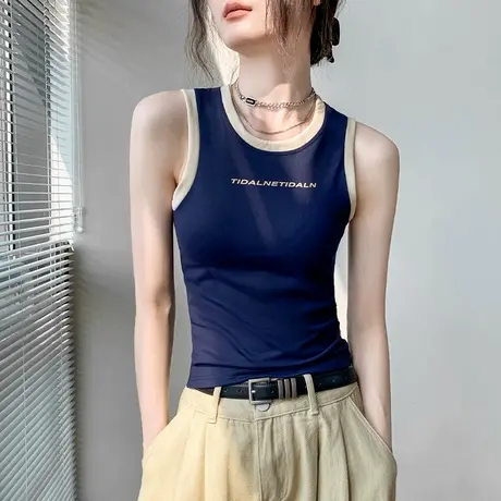 美式拼色圆领吊带背心女夏2025外穿修身显瘦印花衬衫内搭无袖上衣商品大图