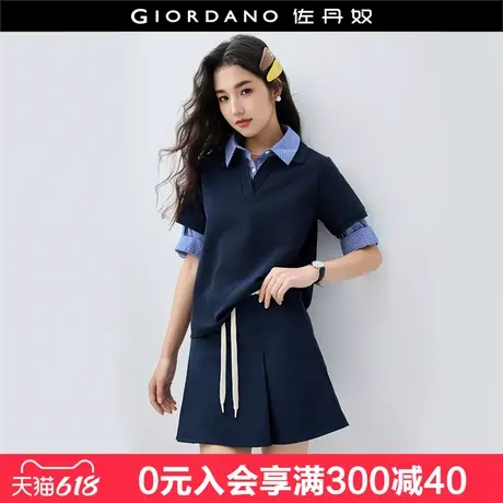 设计师款佐丹奴短袖Polo衫女假两件拼接格纹翻领休闲上衣18315602图片