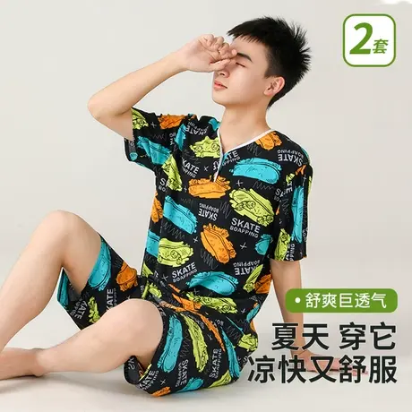 青少年棉绸睡衣男童夏季薄款初中学生家居服可外穿大童人造棉套装商品大图