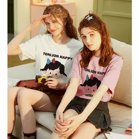 唐狮夏季别致半袖学生短袖体恤时尚q版小孩印花短袖T恤女设计感图片